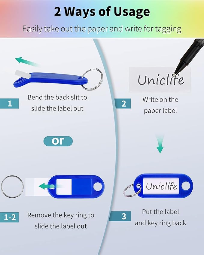 Uniclife 2 Inch Tough Plastic Key Tags in 10 Assorted Colors, 100 Pack | Writable key tags with clear windows, blank paper labels, protective films and split rings for easy item identification