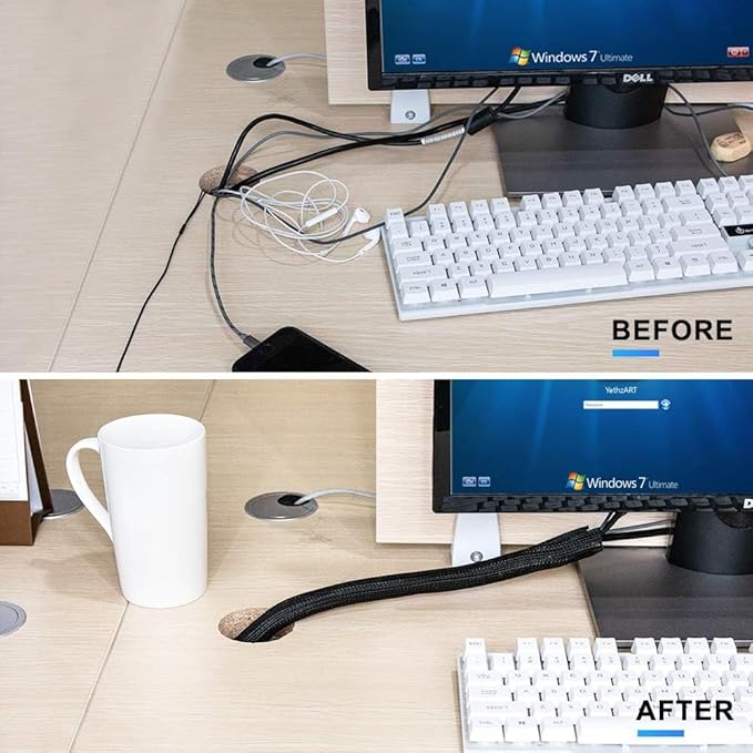 AGPTEK Cable Sleeve, 6.6ft - 2/3 inch Cable Management Cord Hider, Black | Desk Cord Cover Organizer Wire Hider for Office Computer TV Wire Loom Tubing Pet-Proof Cord Protector from Cat Dog Chewing