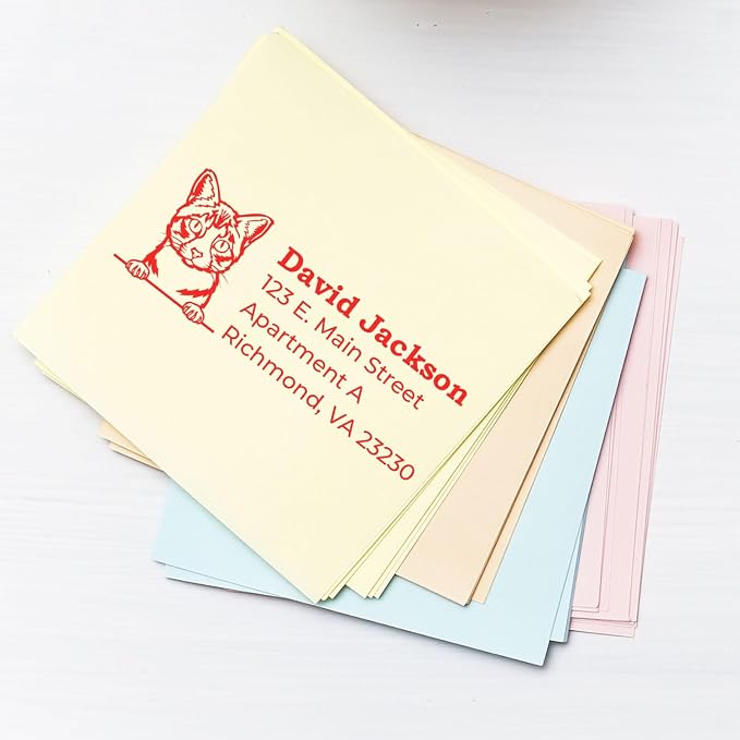 Peeking Ojos Azules Cat Wood Handle Address Stamp - 4 Line Custom Imprint | Up to 50 characters per line. Ojos Azules Cat Stationery Stamp. Custom Address Stamp for Housewarming Gifts. Laser-cut.