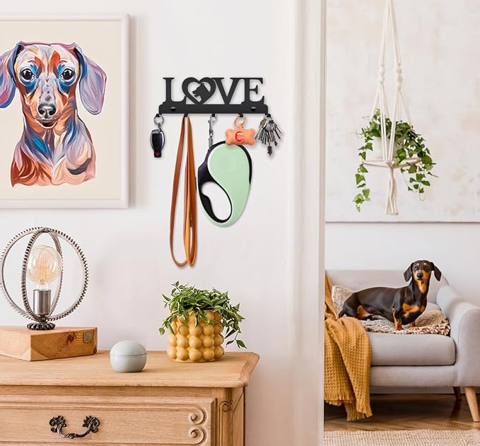 Dog Leash Holder Wall, Dog Leash Hanger Pet Leash Hook Home Sweet Home Design - Unique Metal Key Holder for Wall - Decorative Dog Leash Organizer for Wall, Dog Lovers Gift Idea