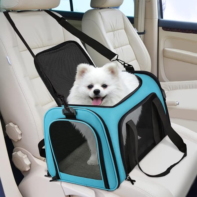 Henkelion Pet Carrier for Small Medium Cats Puppies up to 15 Lbs, Airline Approved Small Dog Travel Puppy Carrier Soft Sided, Collapsible - Blue (Pack of 2)