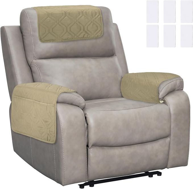 uxcell 3Pcs Sofa Armrest Covers, Armchair Covers with Side Storage Pocket Waterproof Recliner Chair Protector Anti-Slip Couch Arm Headrest Furniture Protect for Home Living Room, Camel
