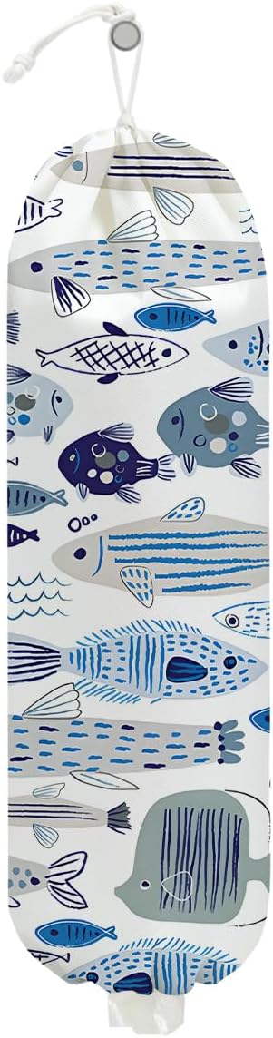 Fish Plastic Bag Holder, Blue Fish Grocery Bag Holder for Plastic Bags | Wall Mount Reusable Shopping Bags Storage Dispenser for Home Pantry Kitchen Farmhouse, Housewarming Gifts for Women Mom