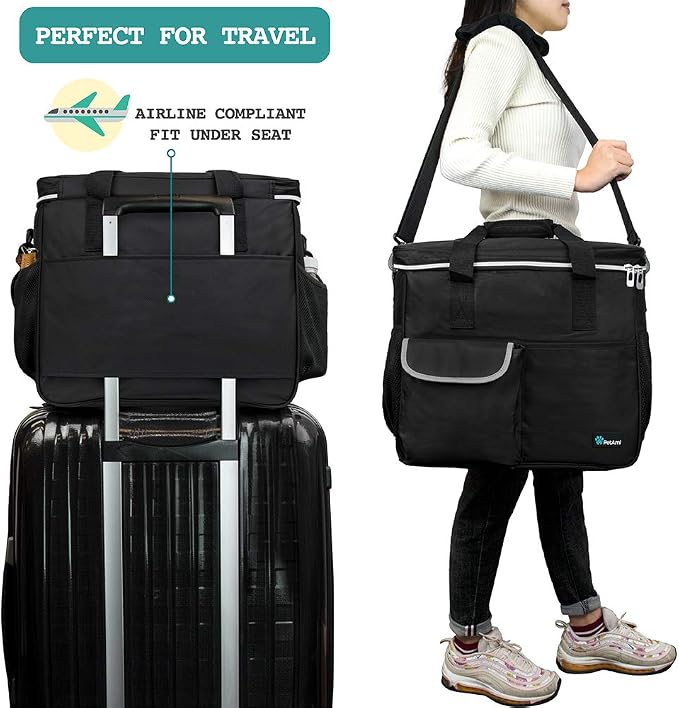 PetAmi Dog Travel Bag Organizer, Pet Supplies Tote Diaper Bag, Black Large | Pet Travel Kit with 2 Food Containers & 2 Collapsible Dog Bowls, Luggage Sleeve, Weekend Getaway Road Trip Camping Essentials