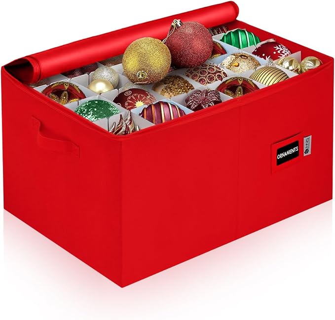 Christmas Ornament Storage Container with Dividers - Box Stores Up to 96 Ornaments, Zippered, Convenient, Adjustable, Large Organizer Bin to Protect Holiday Décor, Fits Most Standard Size, Red