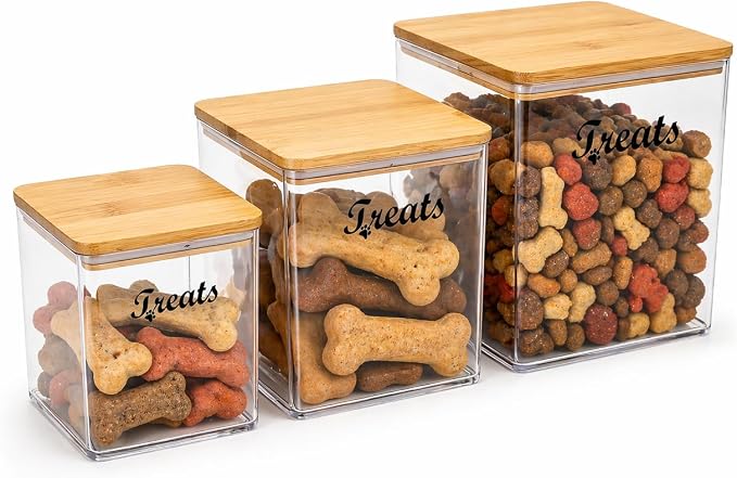 3-Piece Dog Treat Container Airtight, Square Dog Food Container With Bamboo Lid,Clear Pet Treat Bins for Kitchen Counter and Pantry,Ideal for Pet Owner