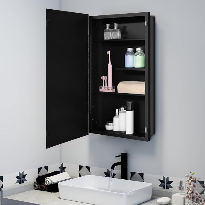 Black Metal Medicine Cabinet, 18 x 30 Beveled Mirror, Recessed Wall Storage | Bathroom Mirror Cabinet with Adjustable Staggered Shelves, Piano Hinge, Left/Right Swing, Fully Assembled, Matte Black Finish