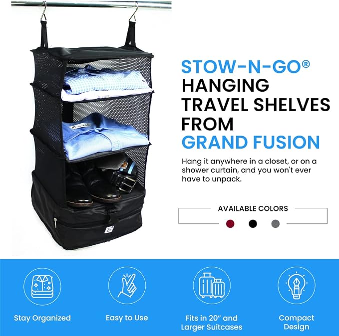 Stow-N-Go Hanging Travel Shelves, Packing Organizer for Luggage. Carry on Closet for Suitcase. Expandable Packing Cube. Travel Essentials. (Black - L, L = (L) 11.8" x (W) 11.8")
