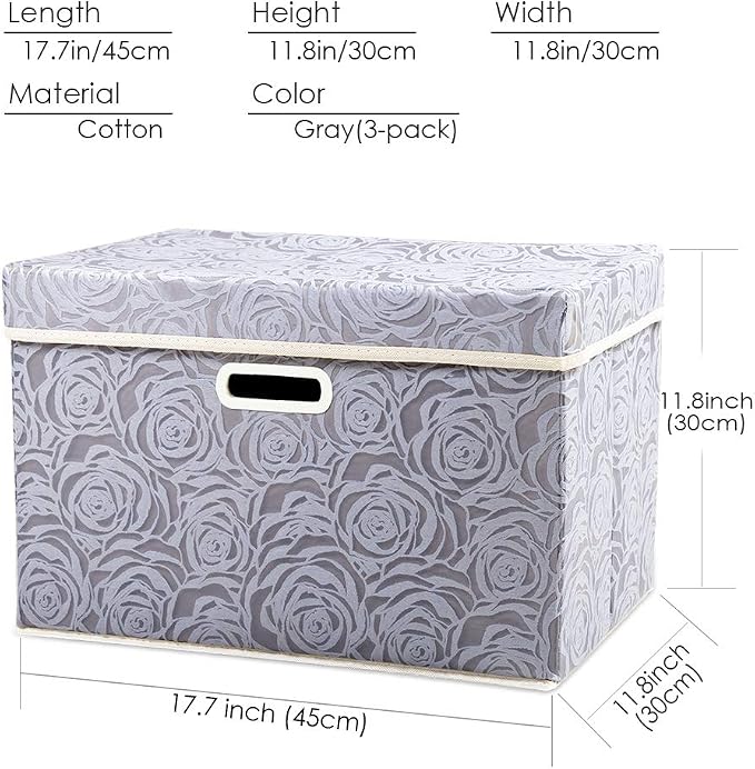 Large Storage Boxes with Lids [3-Pack] Fabric Decorative Storage Bins Cubes Organizer Containers Baskets with Handles for Closet Grey 17.7x11.8x11.8 In For 6+ Year Old Boys and Girls