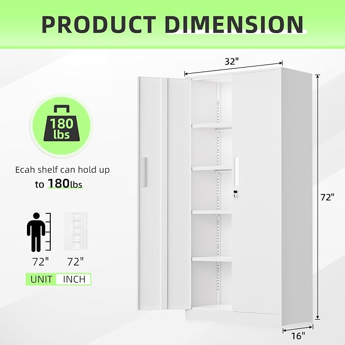 Crownland 72" Metal Storage Cabinet, Lockable Garage Storage Cabinets, High Office Cabinet with Adjustable Shelves for Home Office, Pantry, Garage, Classroom, File(White-Narrow Size)