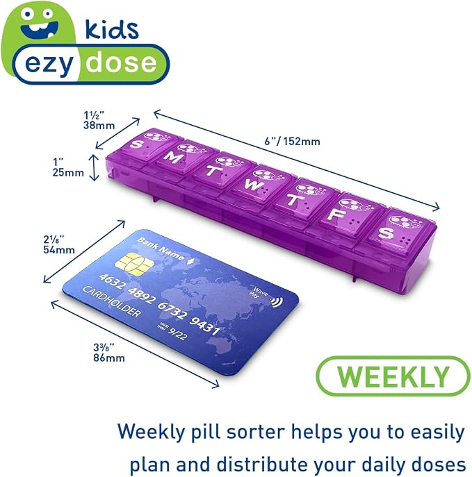 EZY DOSE Kids Weekly (7-Day) Pill Case, Medicine Planner, Vitamin Organizer Box, Large Locking Compartments to Secure Prescription Medication and Prevent Accidental Spilling, Color May Vary, BPA Free | Vitamin & Supplement Medicine Box for Kids, Conven...