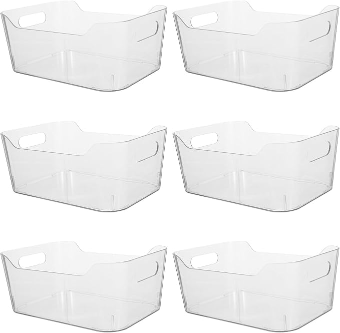 6pcs Plastic Storage Bins for Fridge Organizer, Pet Space-saving Bin | Easy-grip Handles, Visibility, Pantry Supplies and Condiments, under Sink Organizer, Medicine Cabinet Bin