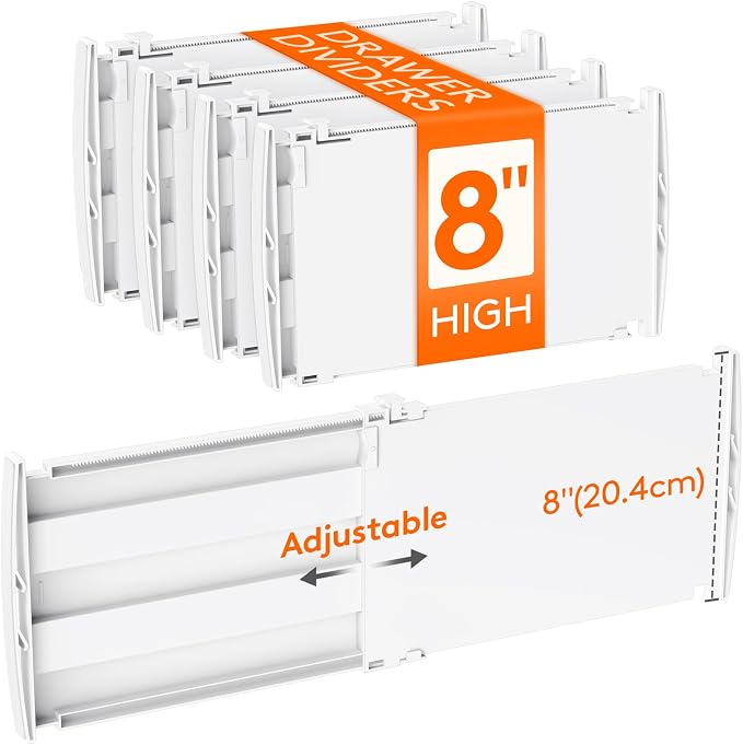 Lifewit 8" Tall Drawer Dividers, Adjustable Deep Drawer Organizer Clothes | 4 Pack 13.8"-22.2" Expandable White Plastic Separators for Dresser, Kitchen, Cabinet, Closet, Office Organization & Storage