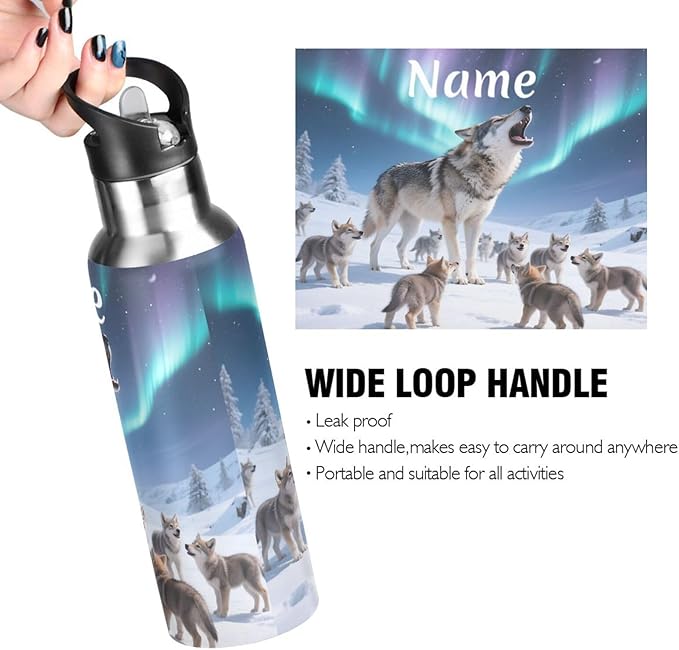Custom Name Wolf Aurora Water Bottle with Straw Lid Kids Insulated Stainless Steel Water Flask Sports, 20 Oz Hot Cold