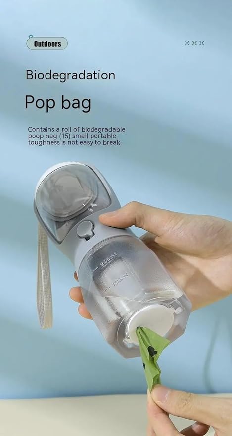 Three-in-one Portable Multi-Functional Pet Cup (Includes 1 Roll of Poop Bag) (Capacity 20 oz Water, 100 gm Food) (Twilight Gray)