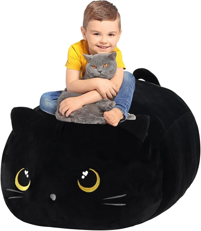 Stuffed Animal Storage Bean Bag Chair Cover for Cute Black Cat Large Beanbag Bedroom Décor Organizer Cover, No Beans