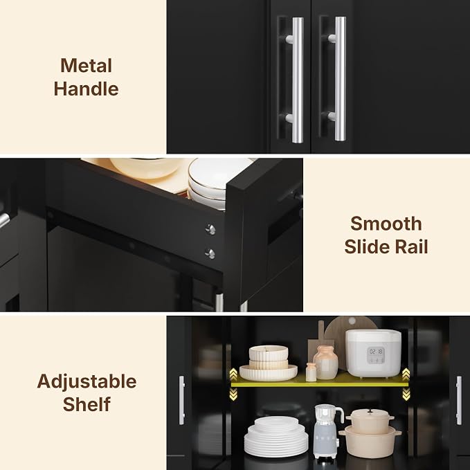 Dripex 41.5'' Rolling Kitchen Island with Power Outlet, Trash Can & Storage | Kitchen Island with Storage & Drop Leaf, Rubberwood Top, 3 Drawers, Mobile Kitchen Island on Wheels for Dining Room, Black