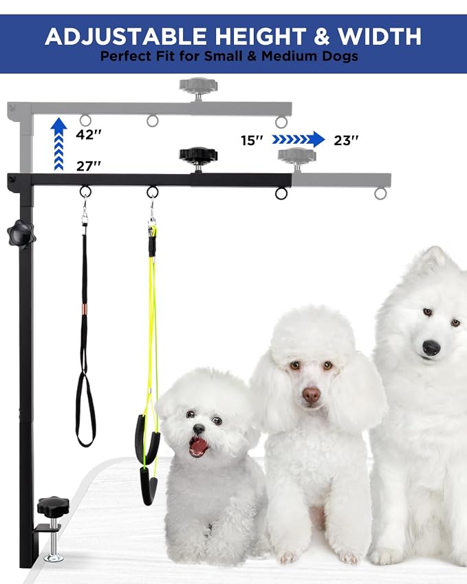 Extendable Dog Grooming Arm with Hammock, Adjustable Height 27"-42", Adjustable Widht 20"-23", Dog Grooming Table Arm with Clamp and No-Sit Holder, Heavy Duty for Small & Medium Dogs