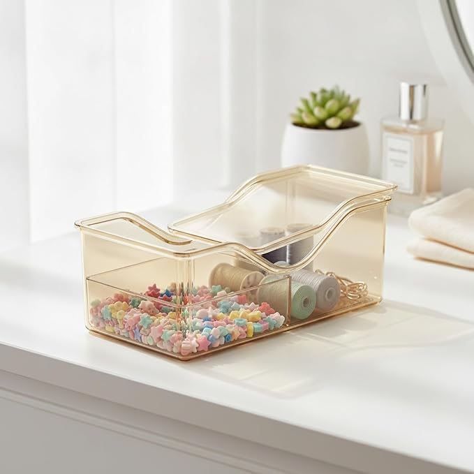 Divided Storage Box with Lid, PET Plastic Organizer for Desktop Drawers, Clear Compartments for Office Supplies Craft Jewelry (1 PC)