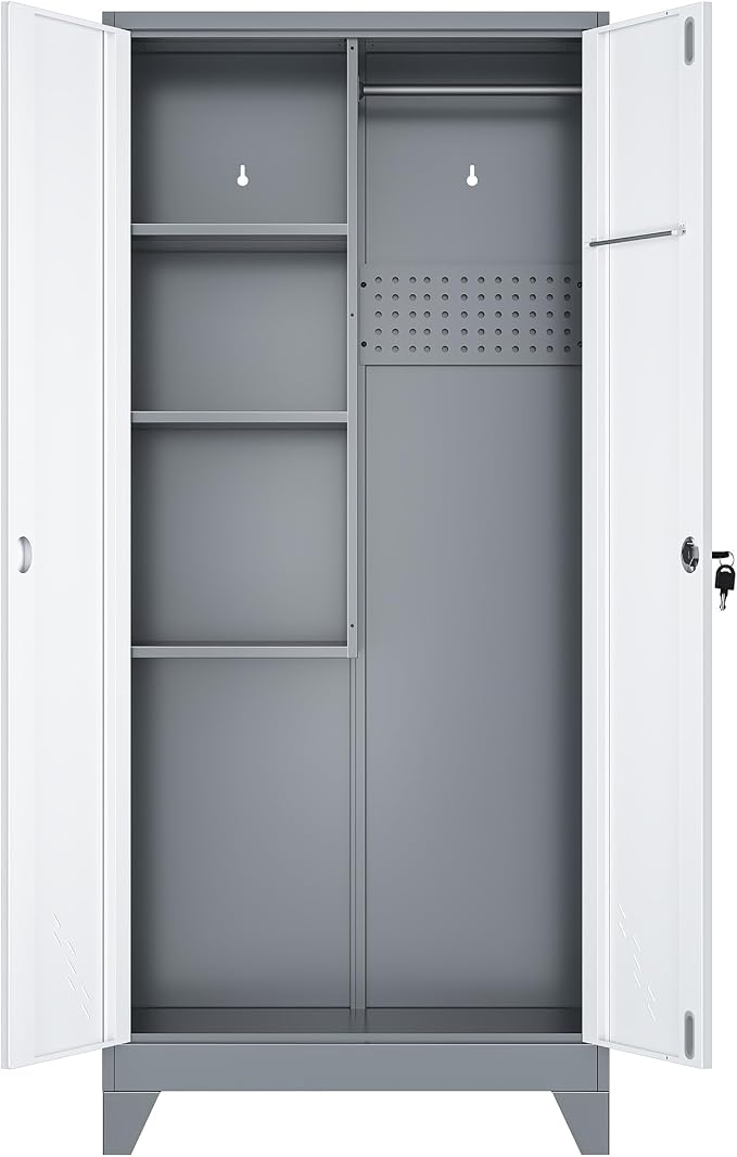 61" Metal Storage Cabinet with Lockable Doors, Cleaning Supply Cabinet with Pegboard and Hanging Rod. Garage Tool Storage Cabinets for Home, Laundry, Office, Home Kitchen Utility Cabinet