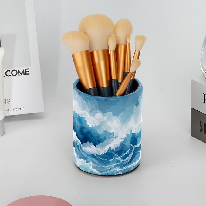 Faux Leather Pen Holder for Desk, Pencil Organizer Blue Ocean Waves Pen Cup Desk Decor Makeup Brush Holder Storage for Office Home