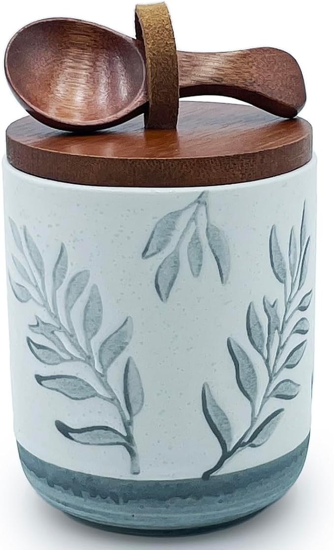 10oz Ceramic Airtight Food Storage Container with Wooden Spoon for Sugar,Matcha,Salt,Coffee,Spices,Cat Treat,Loose Leaf Tea(Gray-Green Olive Leaves)