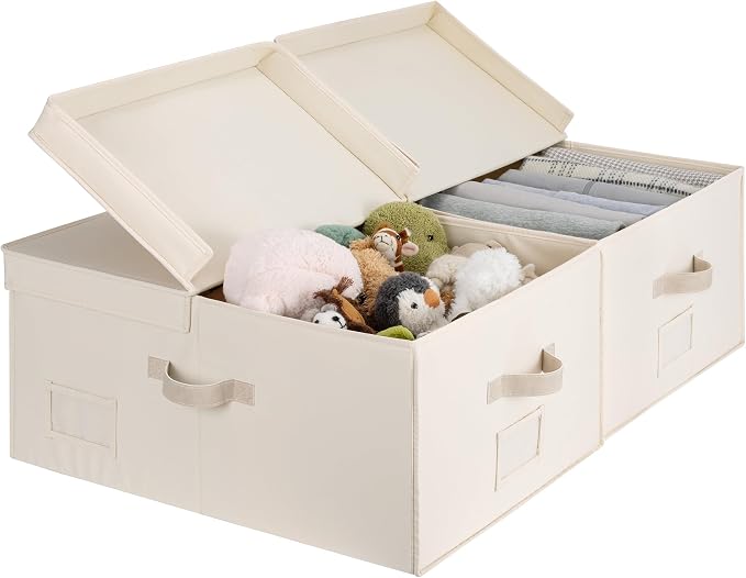 StorageWorks 55L Extra Large Fabric Storage Bins with Lid, Foldable Closet Organizer Boxes with Label and Handles, Decorative Storage Baskets for Clothing and Blankets, Cream White, 2-Pack