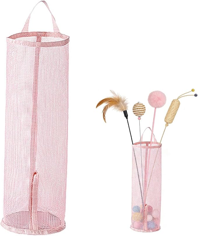 Pet Toy Storage Bag, Wall-Mounted, Space-Saving Organizer with Bottom Opening for Cat Wand Toys & Dog Toys (Toys Not Included) (Single-Pink (1 PC))