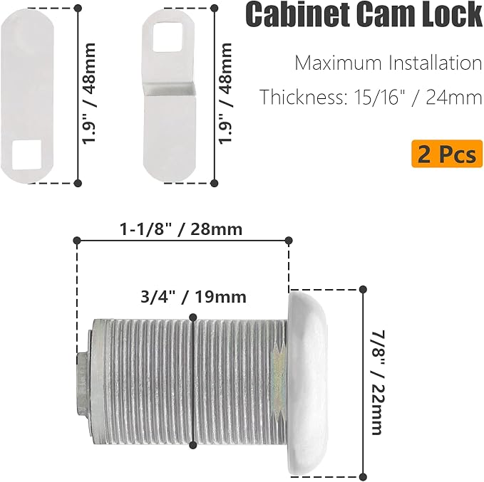 2 Pack 1-1/8" Cabinet Cam Lock Keyed Alike, Nickel RV Mailbox Lock | Zinc Alloy Nickel-Plated, Waterproof Cap, Includes Offset And Straight Cam, For Drawer Tool Box RV