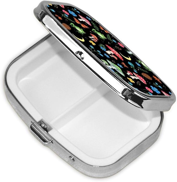 Portable Pill Organizer Compact Moisture-Proof Case Daily Vitamin Box for Men Women Travel Pocket Purse, Moon Frogs Trippy Mushroom Leaves