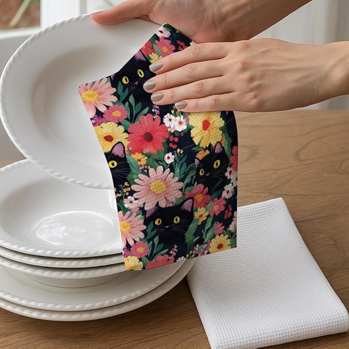 Cute Cat Gifts for Women Cat Mom Lover Lady,Cats Flower Kitchen Hand Towel Decor,Cute Hand Towel for Bathroom,Dish Towels Baking Cooking Drying Cloth,Cats Themed for Her