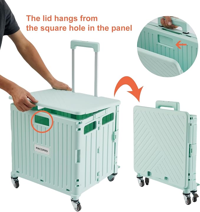 MACOPRO Folding Utility Cart Portable Rolling Crate Handcart Shopping Trolley Collapsible Tool Box, with Lid, Basket on 4 Rotate Wheels, for Grocery, Office, Teacher, Travel Shop Move Luggage (Green)