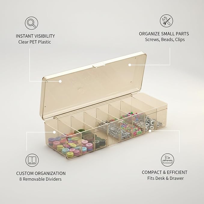 Clear Storage Box with 8 Adjustable Dividers, Compact PET Organizer for Desk Drawers, Hardware, and Craft Supplies
