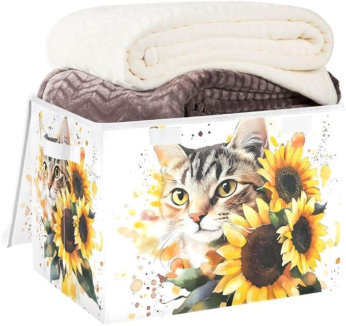 Cat Sunflower Storage Bins with Lids Closet Bedroom 40L Storage Basket | Decorative Storage Boxes, Foldable & Stackable, Dust-Proof Flip Top, Reinforced Handles, For Home & Dorm, Clothes & Toy Box