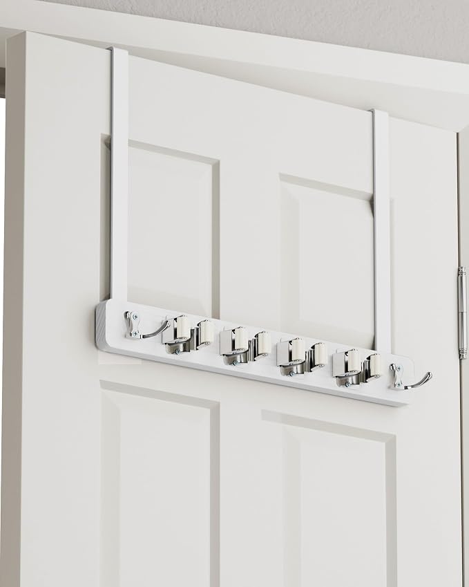 BS-VOG Over the Door Broom and Mop Holder, Broom Hanger, 4 Slots & 4 Hooks | No Drilling Required, Wood and Metal Build, EVA Door Protection Pads, Secure Grip Slots, Closet Garage Laundry Use, White