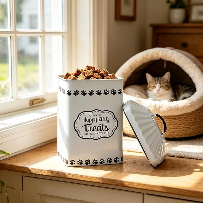 All Chic Cat Food Container Pet Food Storage Container with Lid & Sturdy Metal Handle with Spoon - Metal Kibble Storage Bin for Pets -Pet Food Storage