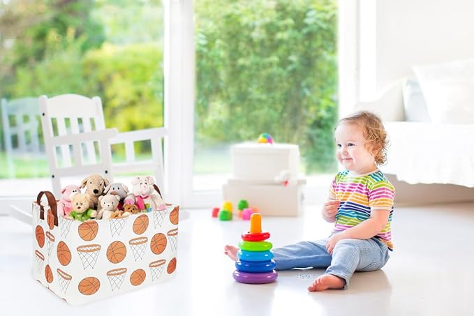 Rectangular Baketball Baskets,Kids Basket for Boy.Waterproof PE Coating Cute Basket with Handles.Boys Bin,Toys Box,Books Bins. (Basketball)