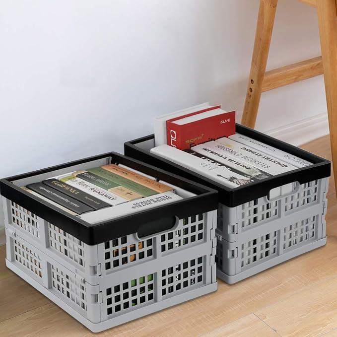 Jekiyo 16 L Folding Storage Crates, Plastic Collapsible Basket Bin Set of 3 | Stackable, Grey