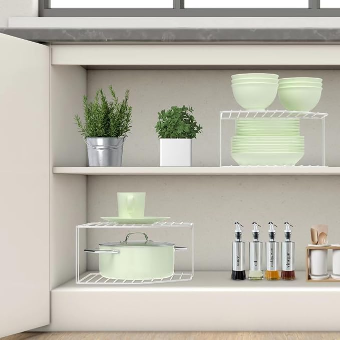 AKAZA 2Pcs 2-Tier Corner Stackable Organizer Shelf for Kitchen - Cabinet Storage Shelf Rack, Shelves，Kitchen Counter and Cabinet Shelf, Storage Rack Organizer (White)