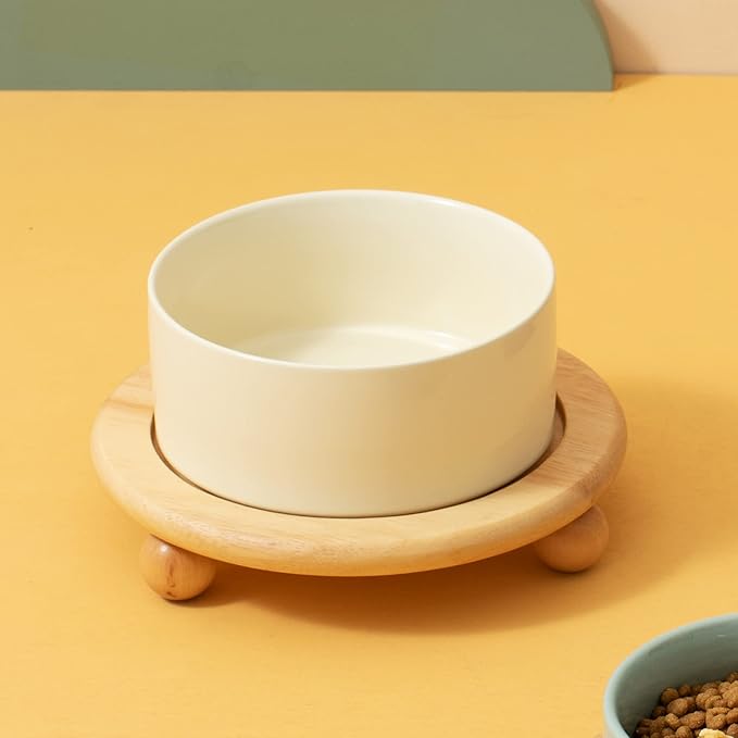 Havniva Ceramic Elevated Cat Food and Water Bowl, Kitty Bowl, Raised Cat Dish, Pet Feeder (5.1 in,1 x Light Yellow + Stand)