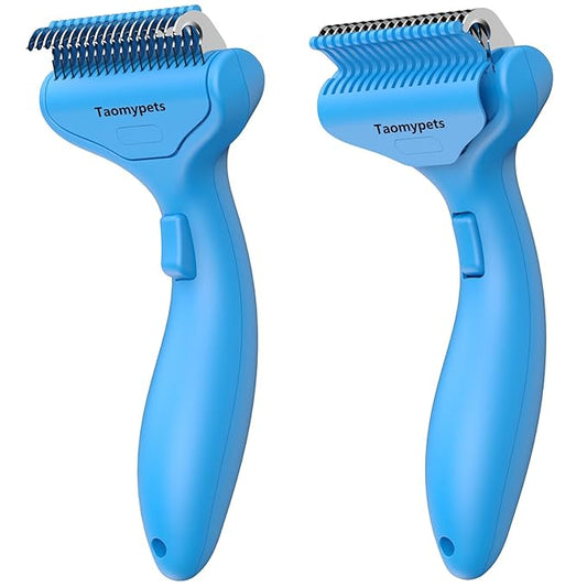Self Cleaning Grooming Rake Brush for Shedding Gently Removes Loose Undercoat Mats Tangled Deshedding Grooming Tool for Dogs Cats Extra Wide (Blue)