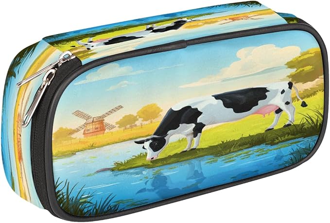 Pencil Case Pouch, Cute Farm Cow Large Pen Bag with Zipper, Portable Zipper Pencil Pouch Organizer for Student Teen Girls Boys