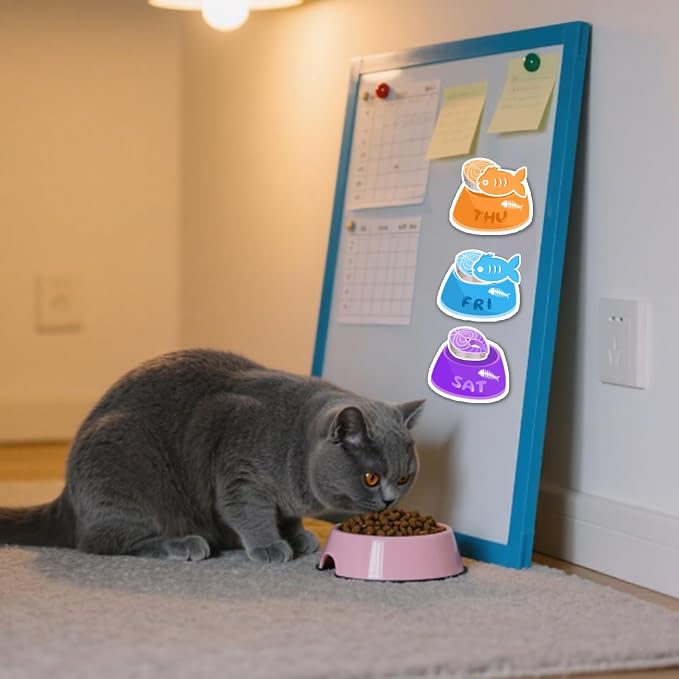 Magnetic Cat Feeding Reminder Tracker – Weekly Meal Planner for Cats with Colorful Bowls, Fish Meat & Fish Icons – Reusable Fridge Magnet Chart for Pet Feeding Schedule, Cat Food Organizer Sign