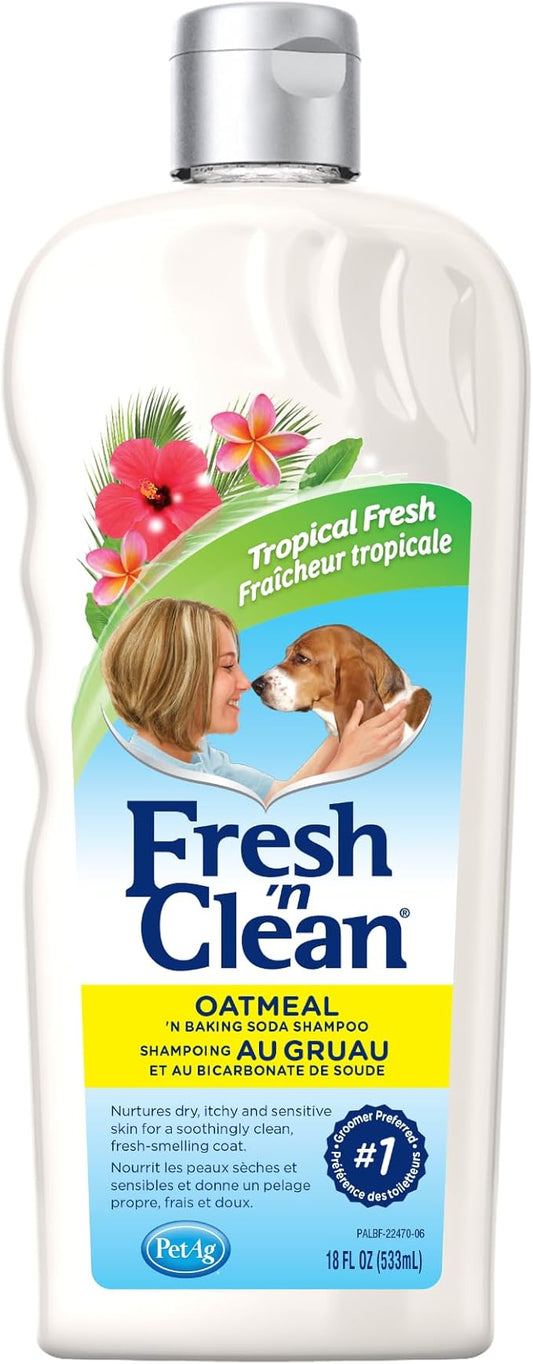 PetAg Fresh ’n Clean Oatmeal ’n Baking Soda Shampoo - Tropical Fresh Scent - 18 oz - Nurtures Dry, Itchy & Sensitive Skin with Vitamin E & Aloe - Strengthens & Repairs Coats - Soap Free