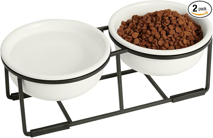 Ceramic Elevated Dog Bowl Set - Double Dog Food and Water Bowls with Metal Stand - Raised Pet Dishes for Puppies and Cats - 2 Cups - 12.5 fl oz - Matte White