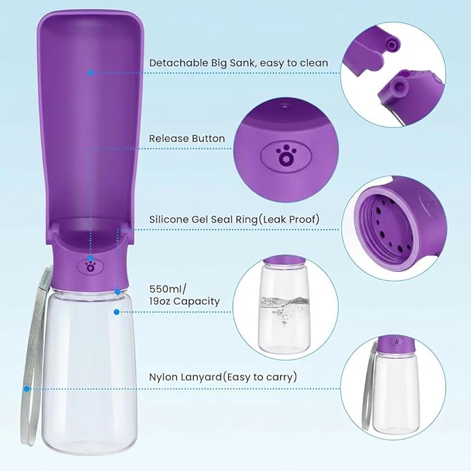 Portable Dog Water Bottle for Walking – 19oz / 12oz Foldable Pet Water Dispenser for Puppies, Medium & Large Dogs – Leak Proof Travel Water Bowl for Small Animals Dog Accessories(19OZ Purple)