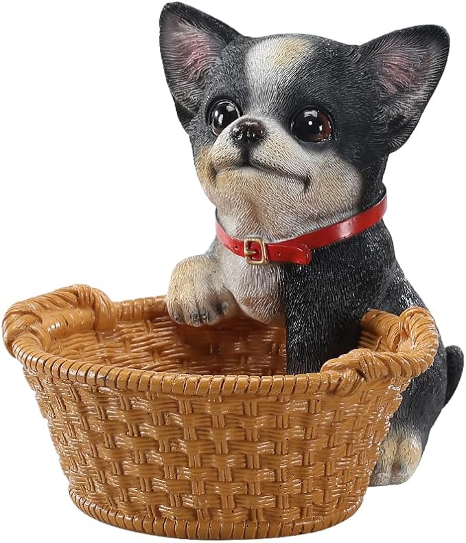 Cute Chihuahua Candy Bowl, Resin Dog Figurine Key Bowl for Entryway Table, Desktop Storage Basket Organizer for Desk, Unique Dog Lover Gift
