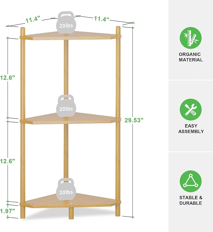 Wisuce Natural Small Corner Shelf Stand, 3-Tier Bamboo Corner Bookshelf | Space-Saving Narrow Corner Shelf | Bathroom Corner Shelf | Shelves for Bedroom, Living Room, Kitchen & Plant Display