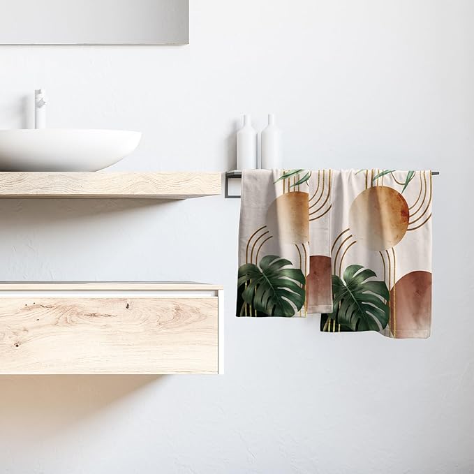 Giwawa Boho Tropical Leaf Towel Set of 2 Mid Century Abstract Gold Line Sun Hand Face Fingertip Towel Quick Dry Absorbent Dish Wash Cloth for Hotel Bathroom Gym Home Spa Decoration