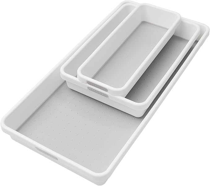 madesmart Classic 3 Bin Drawer Organizer Set, White | non slip feet, rounded corners, modular layout, mixed sizes, custom fit, office craft supplies, makeup tools, woman owned